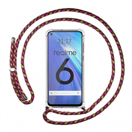 Funda Colgante Transparente para Realme 6 con Cordon Rosa / Dorado