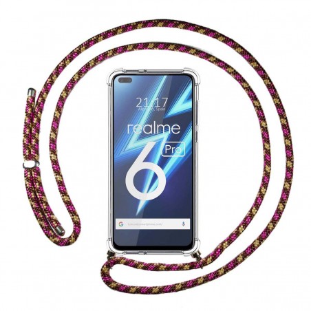 Funda Colgante Transparente para Realme 6 Pro con Cordon Rosa / Dorado