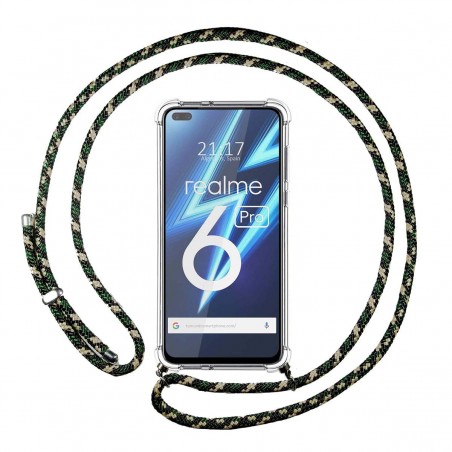 Funda Colgante Transparente para Realme 6 Pro con Cordon Verde / Dorado