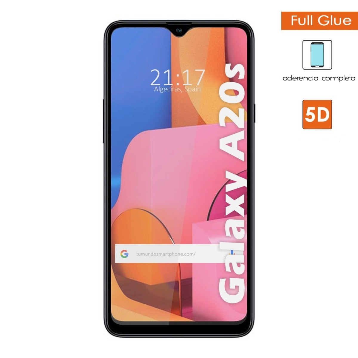 Protector Cristal Templado Completo 5D Full Glue Negro para Samsung Galaxy A20s