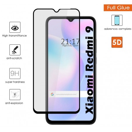 Protector Cristal Templado Completo 5D Full Glue Negro para Xiaomi Redmi 9A / 9AT