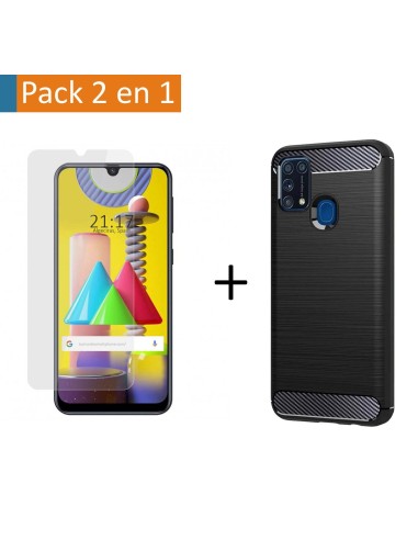 Pack 2 En 1 Funda Gel Tipo Carbono + Protector Cristal Templado para Samsung Galaxy M31