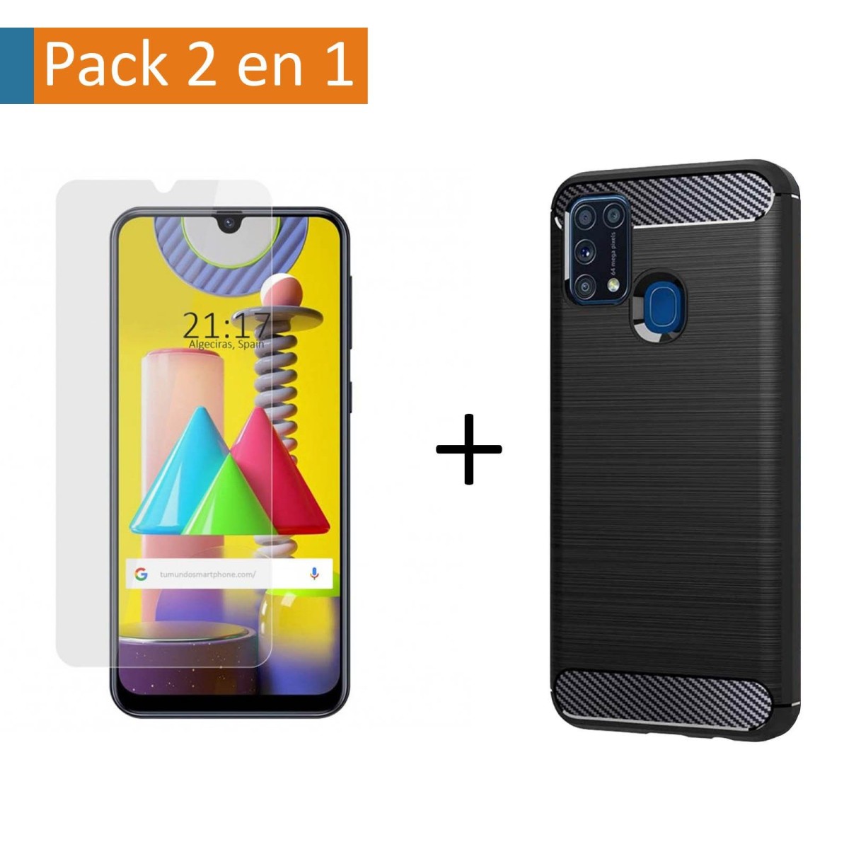 Pack 2 En 1 Funda Gel Tipo Carbono + Protector Cristal Templado para Samsung Galaxy M31