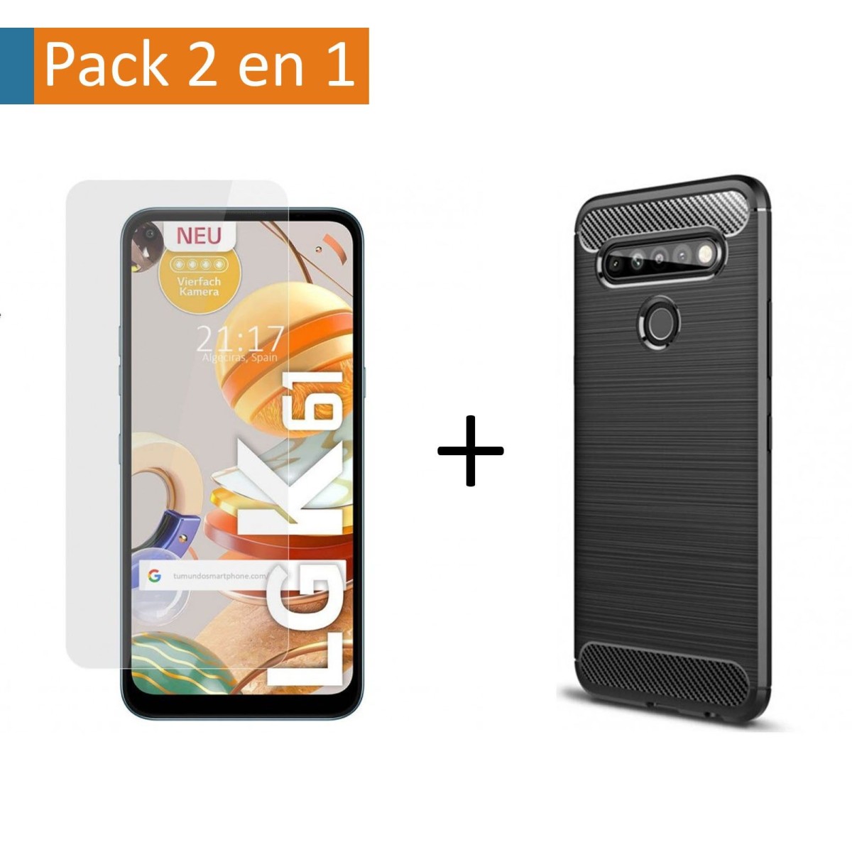Pack 2 En 1 Funda Gel Tipo Carbono + Protector Cristal Templado para Lg K61