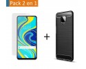 Pack 2 En 1 Funda Gel Tipo Carbono + Protector Cristal Templado para Xiaomi Redmi Note 9S / Note 9 Pro