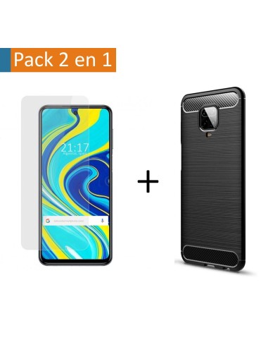 Pack 2 En 1 Funda Gel Tipo Carbono + Protector Cristal Templado para Xiaomi Redmi Note 9S / Note 9 Pro
