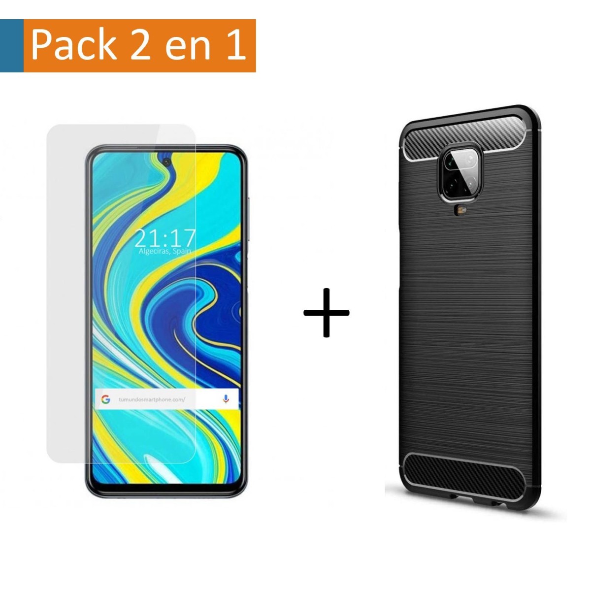 Pack 2 En 1 Funda Gel Tipo Carbono + Protector Cristal Templado para Xiaomi Redmi Note 9S / Note 9 Pro