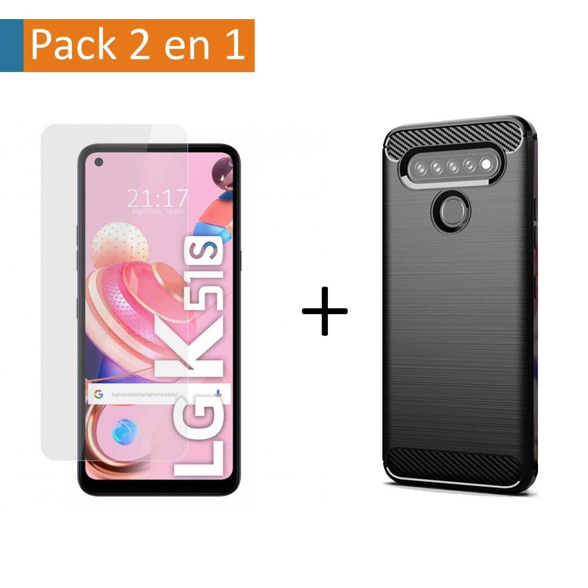 Pack 2 En 1 Funda Gel Tipo Carbono + Protector Cristal Templado para Lg K51s