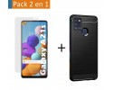 Pack 2 En 1 Funda Gel Tipo Carbono + Protector Cristal Templado para Samsung Galaxy A21s