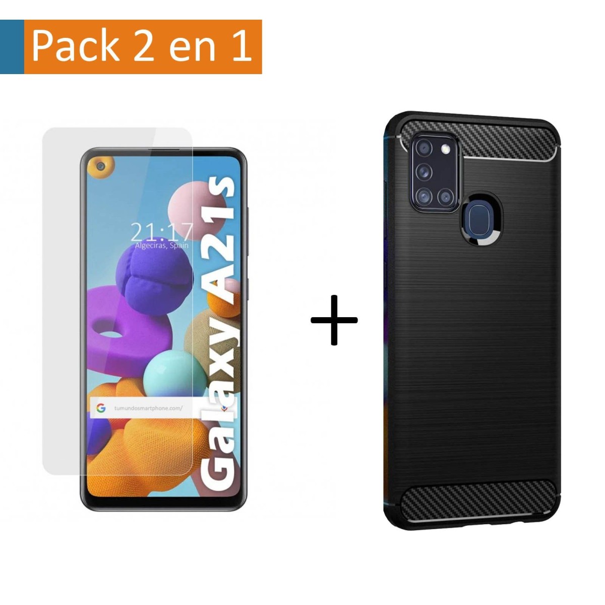 Pack 2 En 1 Funda Gel Tipo Carbono + Protector Cristal Templado para Samsung Galaxy A21s