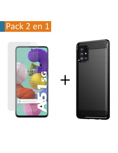 Pack 2 En 1 Funda Gel Tipo Carbono + Protector Cristal Templado para Samsung Galaxy A51 5G