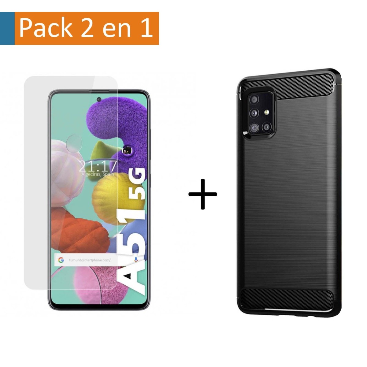 Pack 2 En 1 Funda Gel Tipo Carbono + Protector Cristal Templado para Samsung Galaxy A51 5G