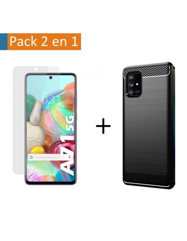 Pack 2 En 1 Funda Gel Tipo Carbono + Protector Cristal Templado para Samsung Galaxy A71 5G