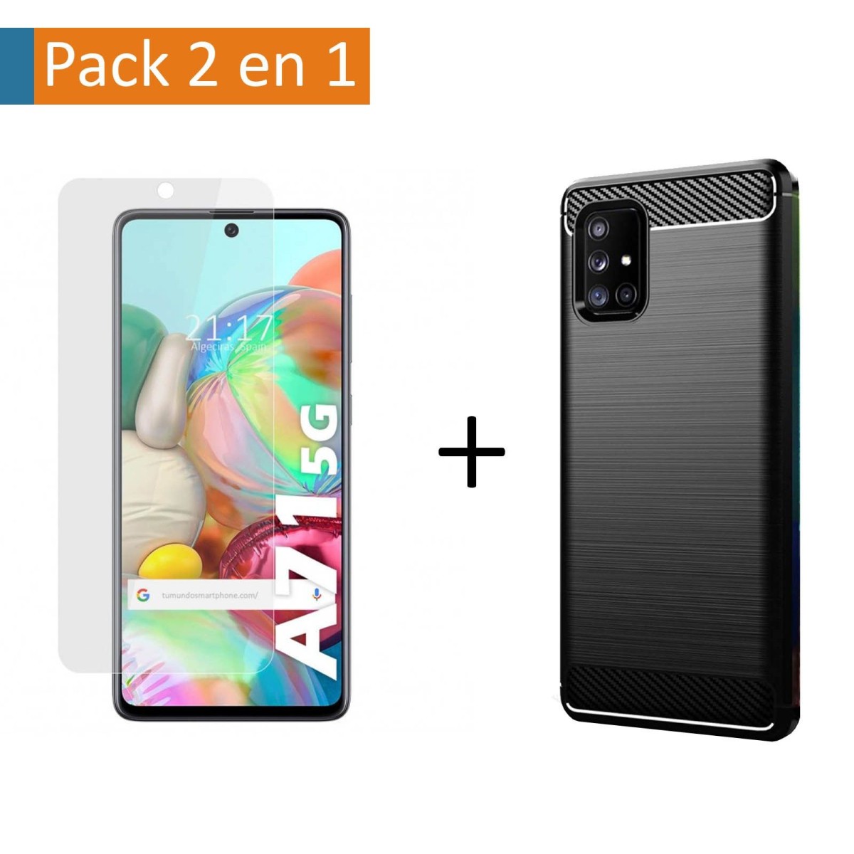 Pack 2 En 1 Funda Gel Tipo Carbono + Protector Cristal Templado para Samsung Galaxy A71 5G