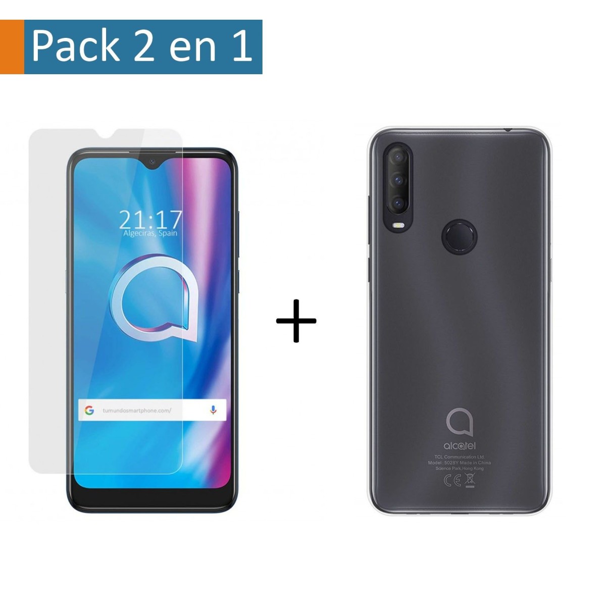 Pack 2 En 1 Funda Gel Transparente + Protector Cristal Templado para Alcatel 1SE 2020