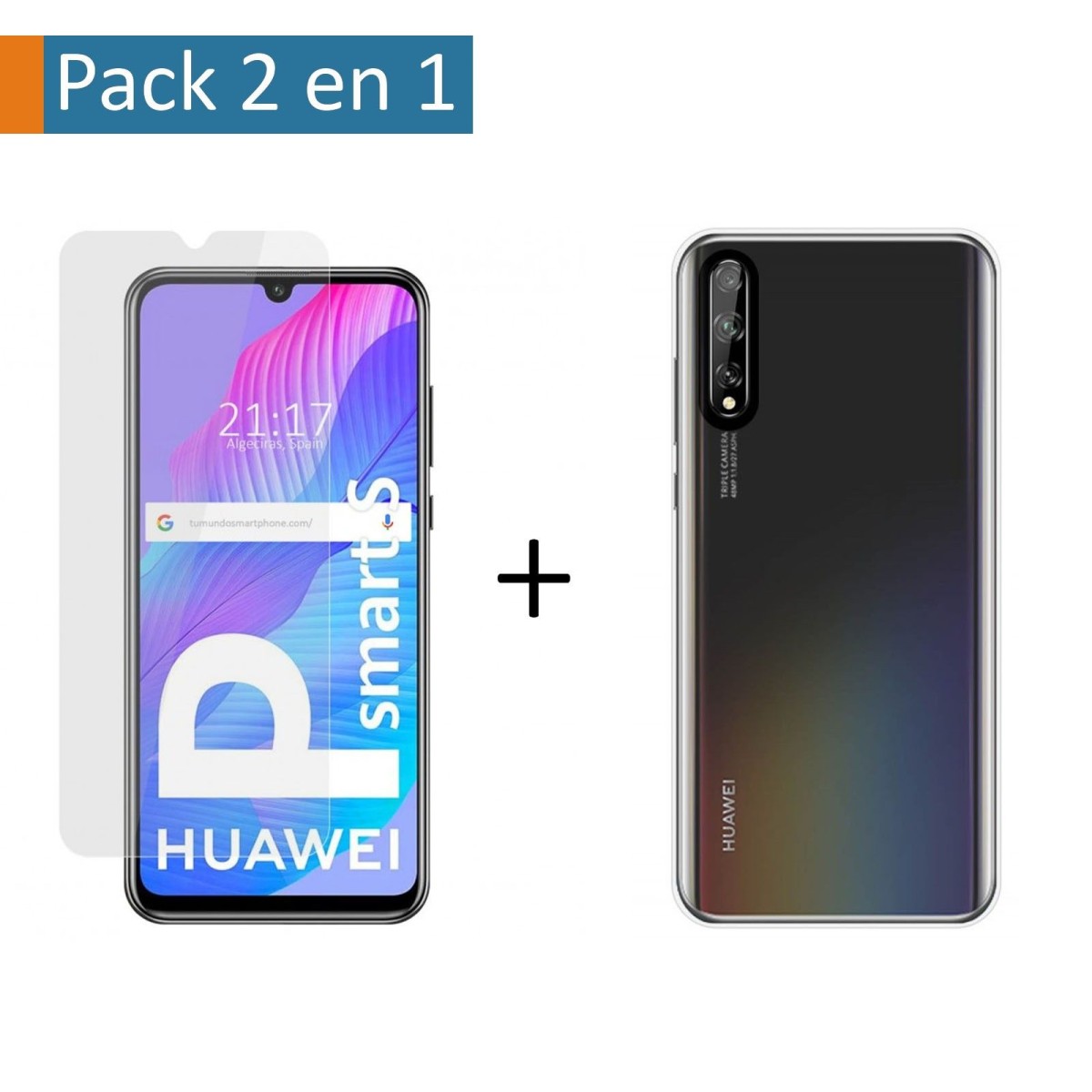 Pack 2 En 1 Funda Gel Transparente + Protector Cristal Templado para Huawei P Smart S / Y8p