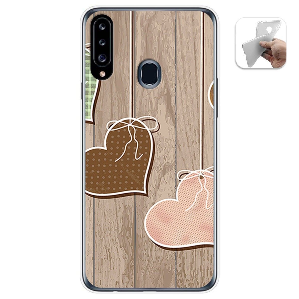 Funda Gel Tpu para Samsung Galaxy A20s diseño Corazones Madera Dibujos