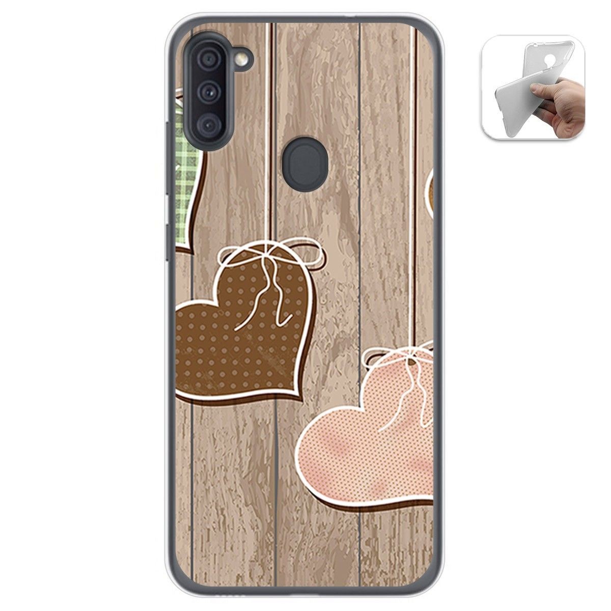 Funda Gel Tpu para Samsung Galaxy A11 / M11 diseño Corazones Madera Dibujos