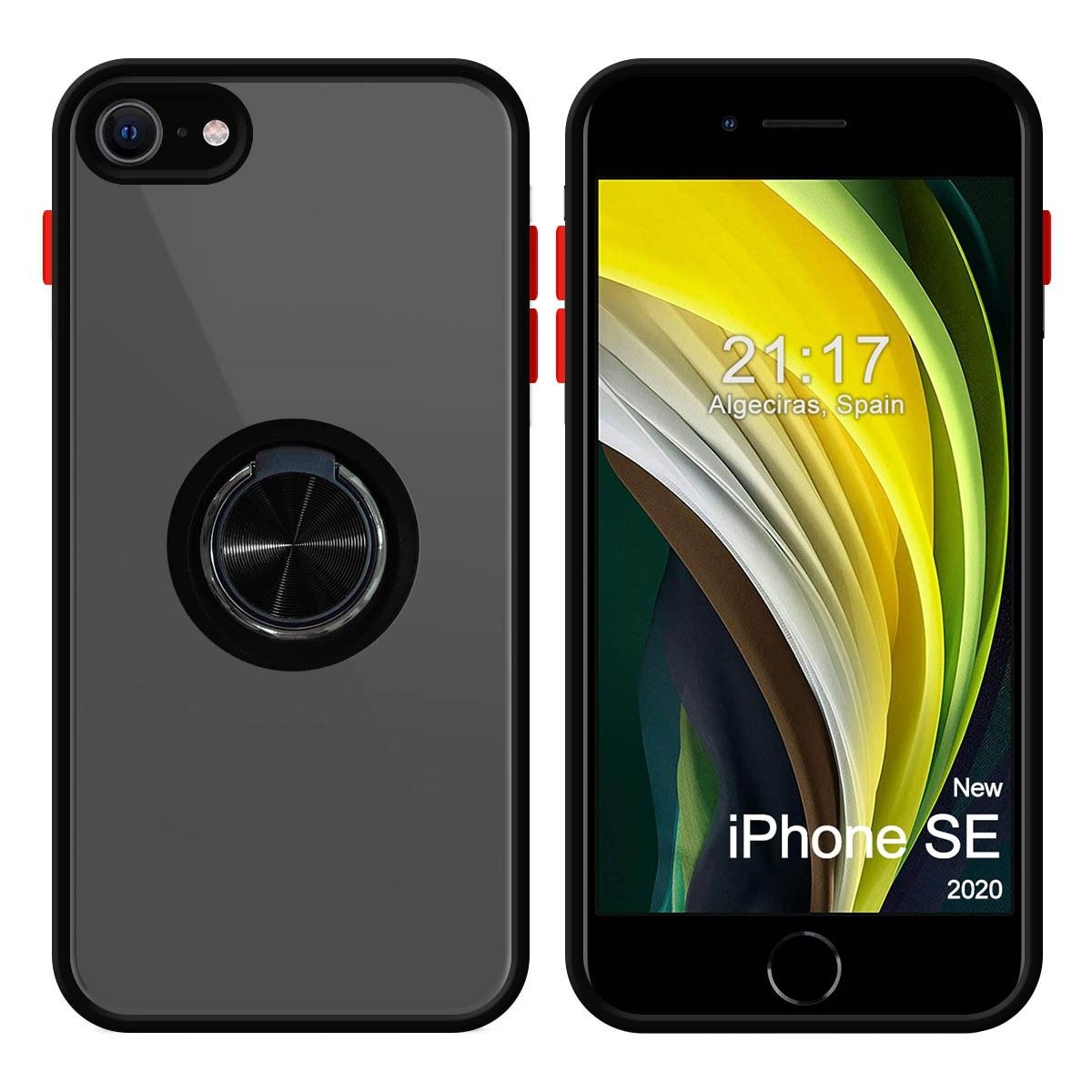 Funda Mate con Borde Negro y Anillo Giratorio 360 para Iphone SE 2020