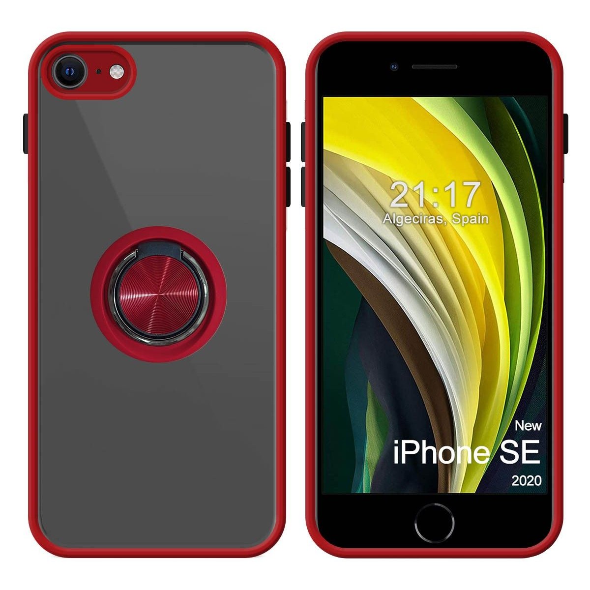 Funda Mate con Borde Rojo y Anillo Giratorio 360 para Iphone SE 2020