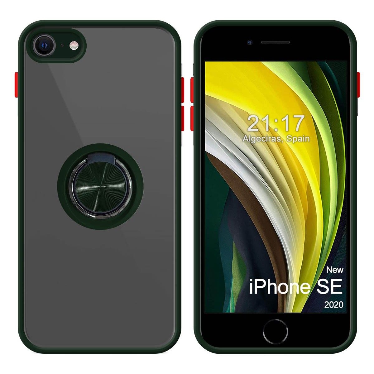 Funda Mate con Borde Verde y Anillo Giratorio 360 para Iphone SE 2020