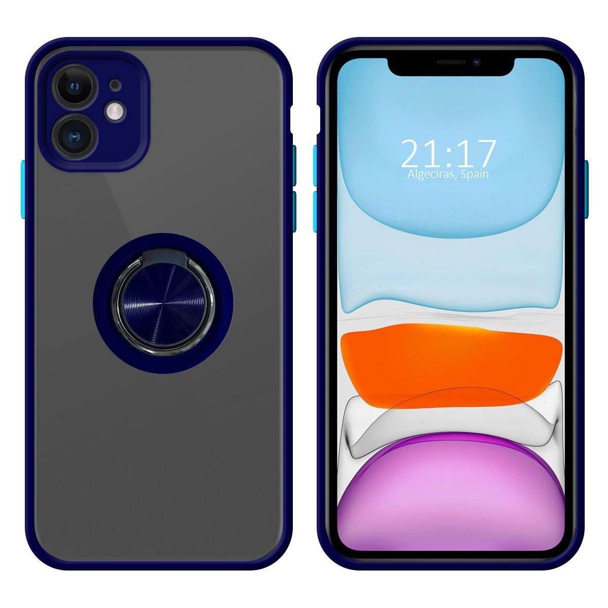 Funda Mate con Borde Azul y Anillo Giratorio 360 para Iphone 11 (6.1)