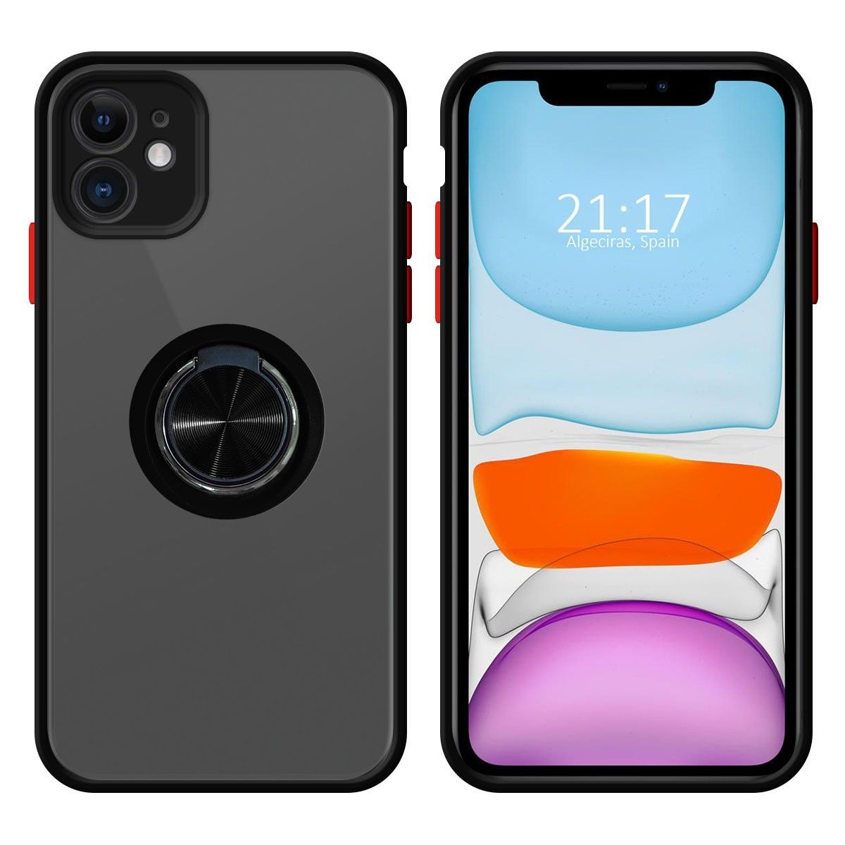 Funda Mate con Borde Negro y Anillo Giratorio 360 para Iphone 11 (6.1)