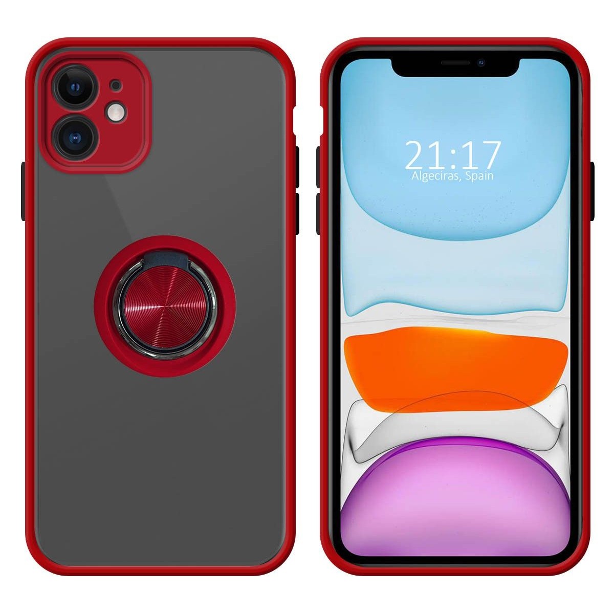 Funda Mate con Borde Rojo y Anillo Giratorio 360 para Iphone 11 (6.1)