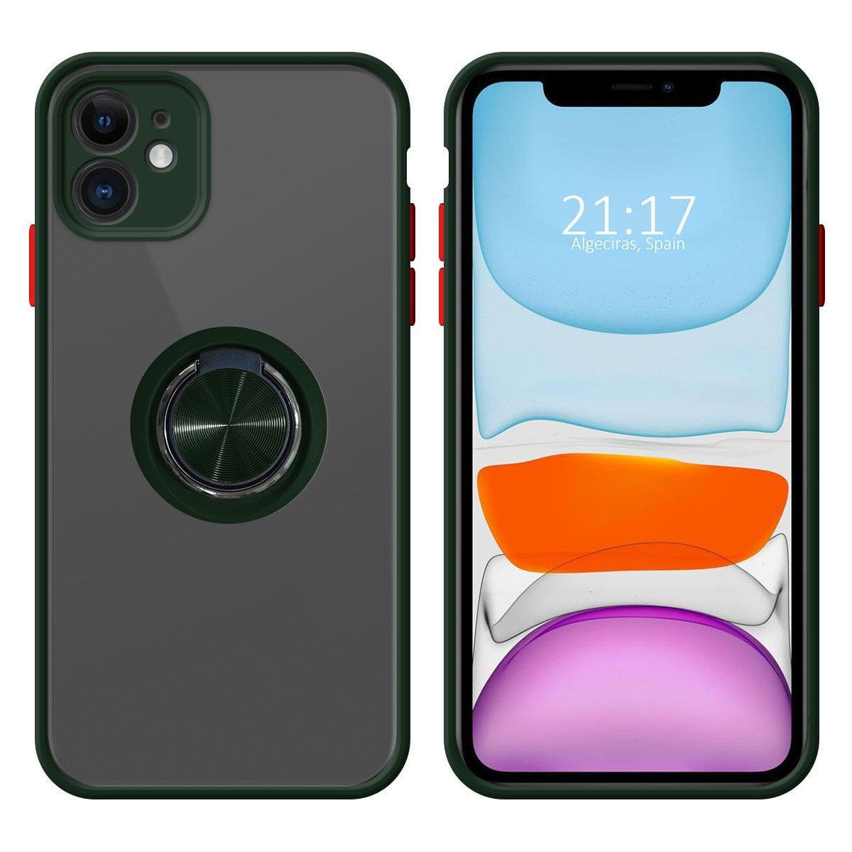 Funda Mate con Borde Verde y Anillo Giratorio 360 para Iphone 11 (6.1)