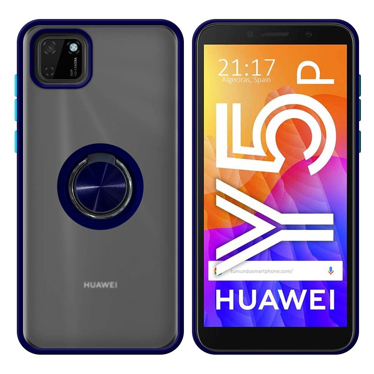 Funda Mate con Borde Azul y Anillo Giratorio 360 para Huawei Y5p