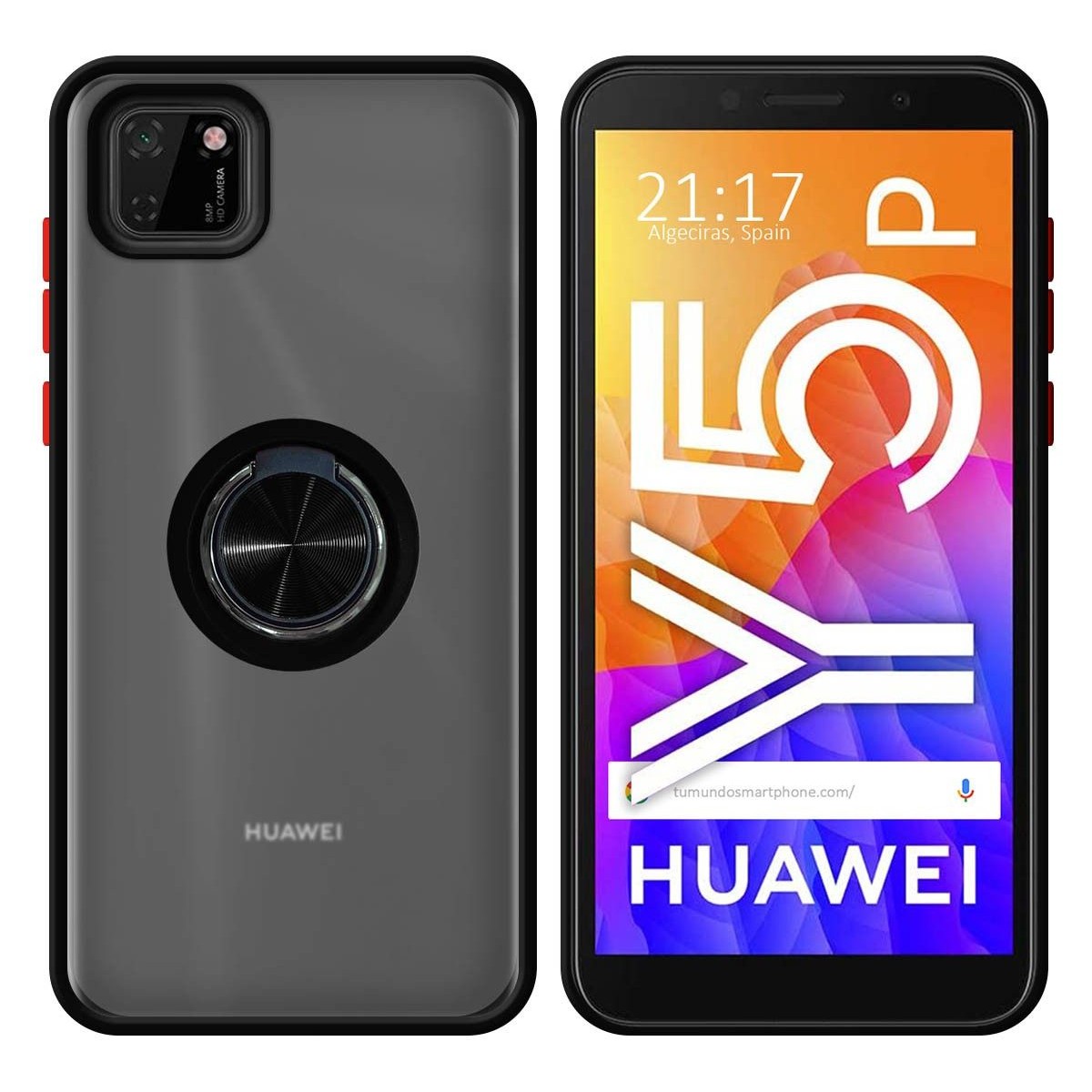 Funda Mate con Borde Negro y Anillo Giratorio 360 para Huawei Y5p