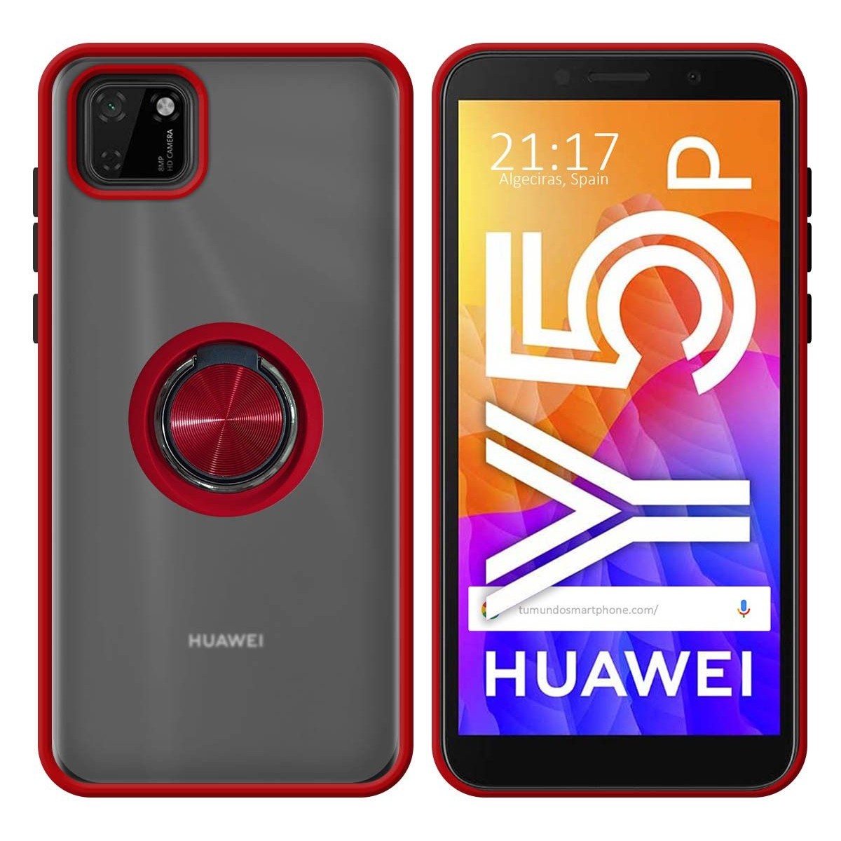 Funda Mate con Borde Rojo y Anillo Giratorio 360 para Huawei Y5p