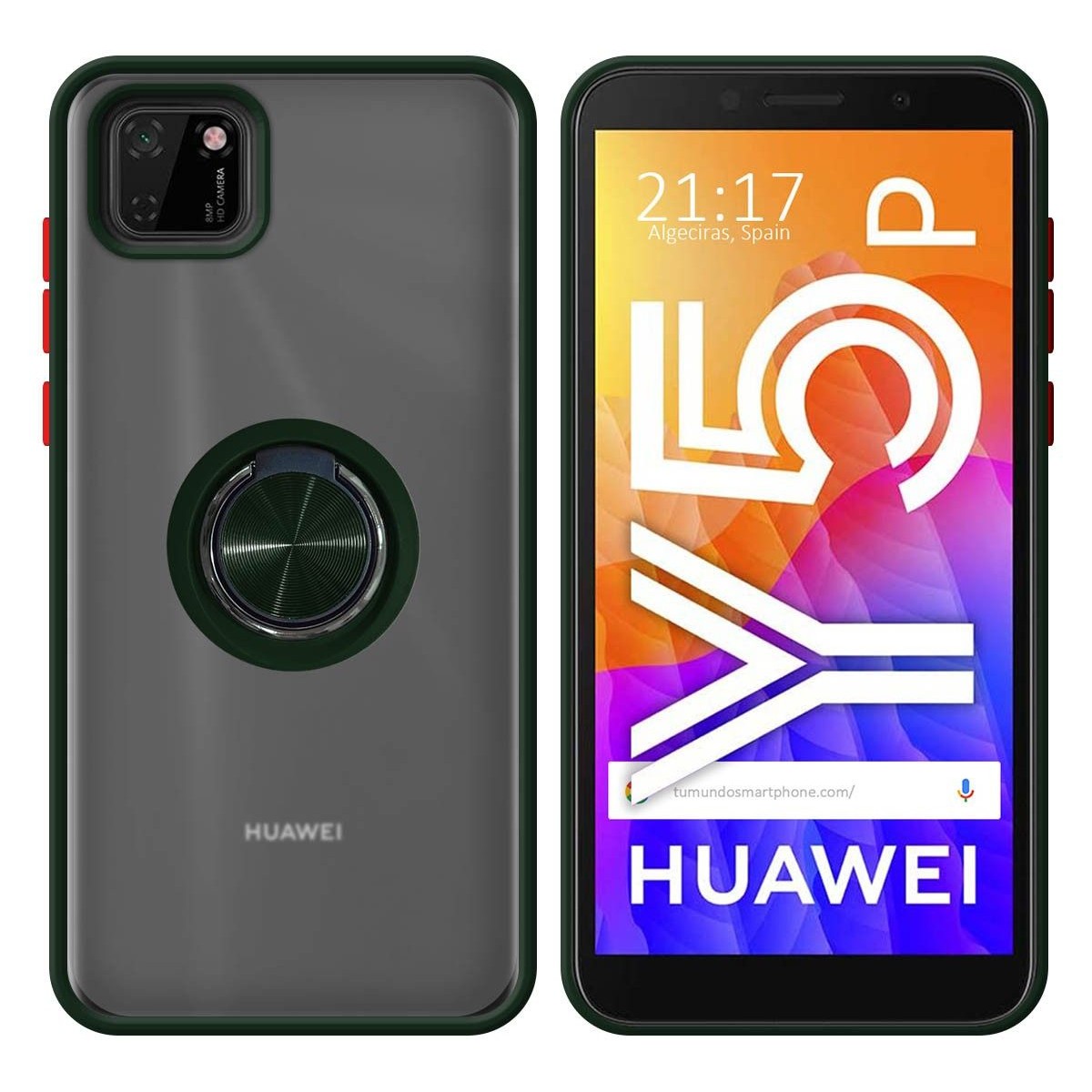 Funda Mate con Borde Verde y Anillo Giratorio 360 para Huawei Y5p