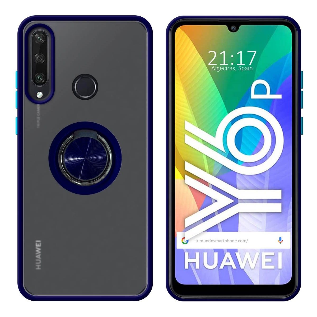 Funda Mate con Borde Azul y Anillo Giratorio 360 para Huawei Y6p