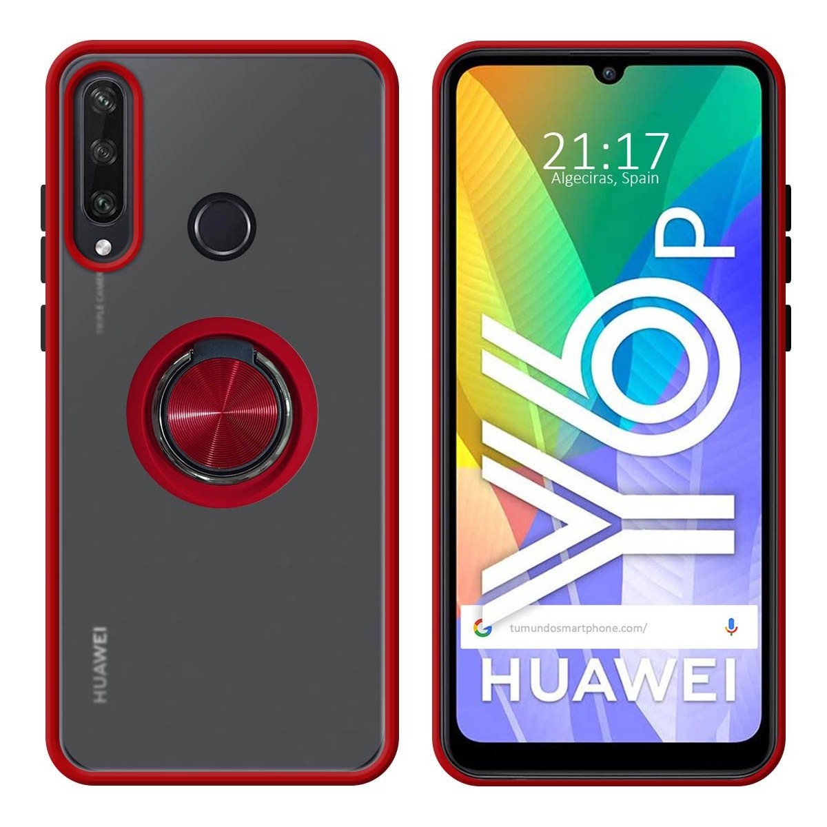 Funda Mate con Borde Rojo y Anillo Giratorio 360 para Huawei Y6p