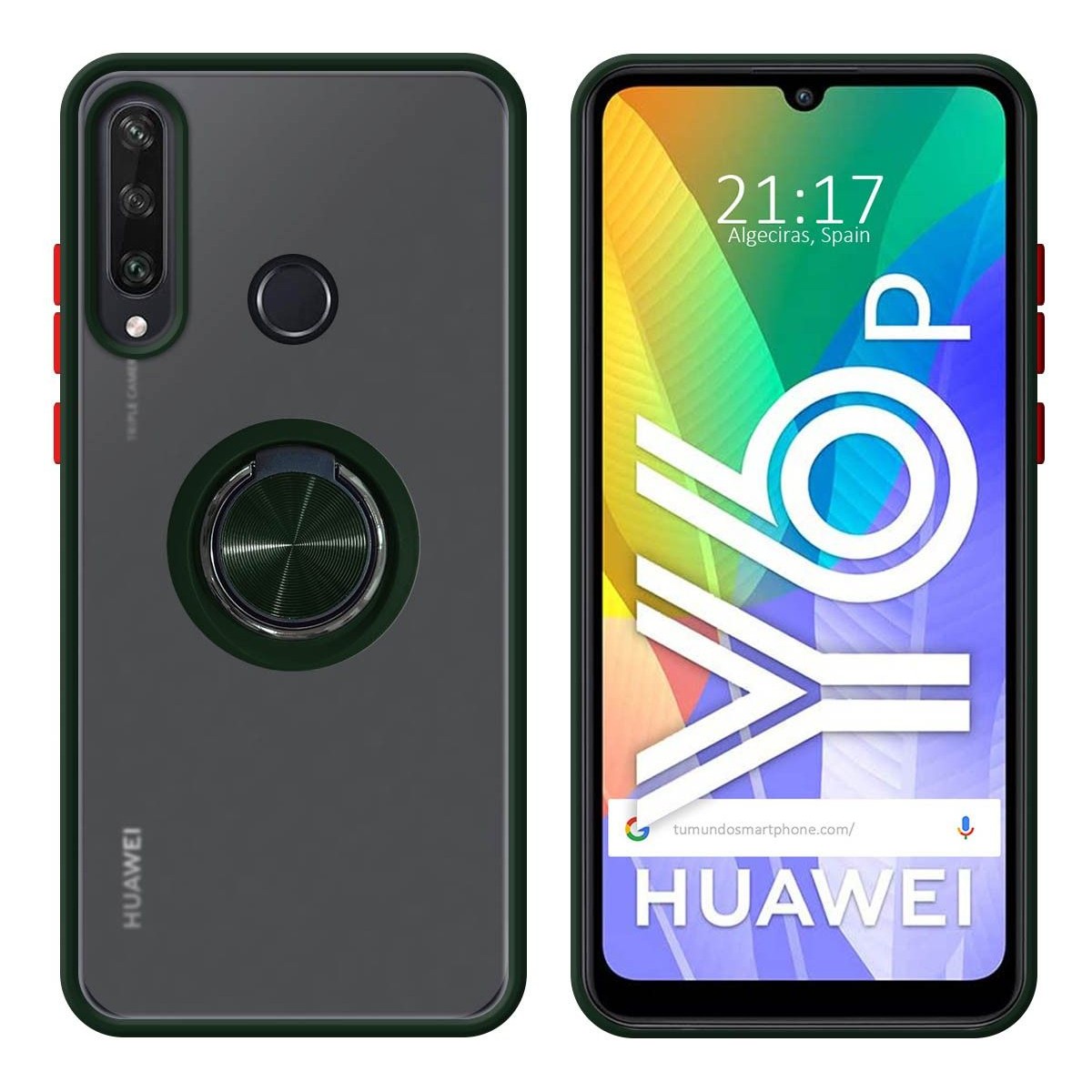 Funda Mate con Borde Verde y Anillo Giratorio 360 para Huawei Y6p