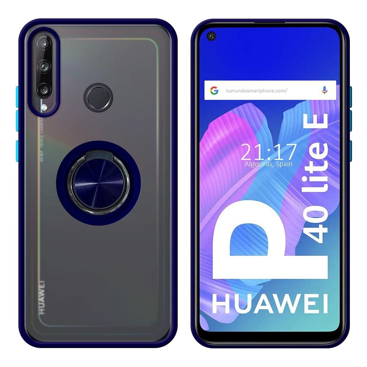 Funda Mate con Borde Azul y Anillo Giratorio 360 para Huawei P40 Lite E