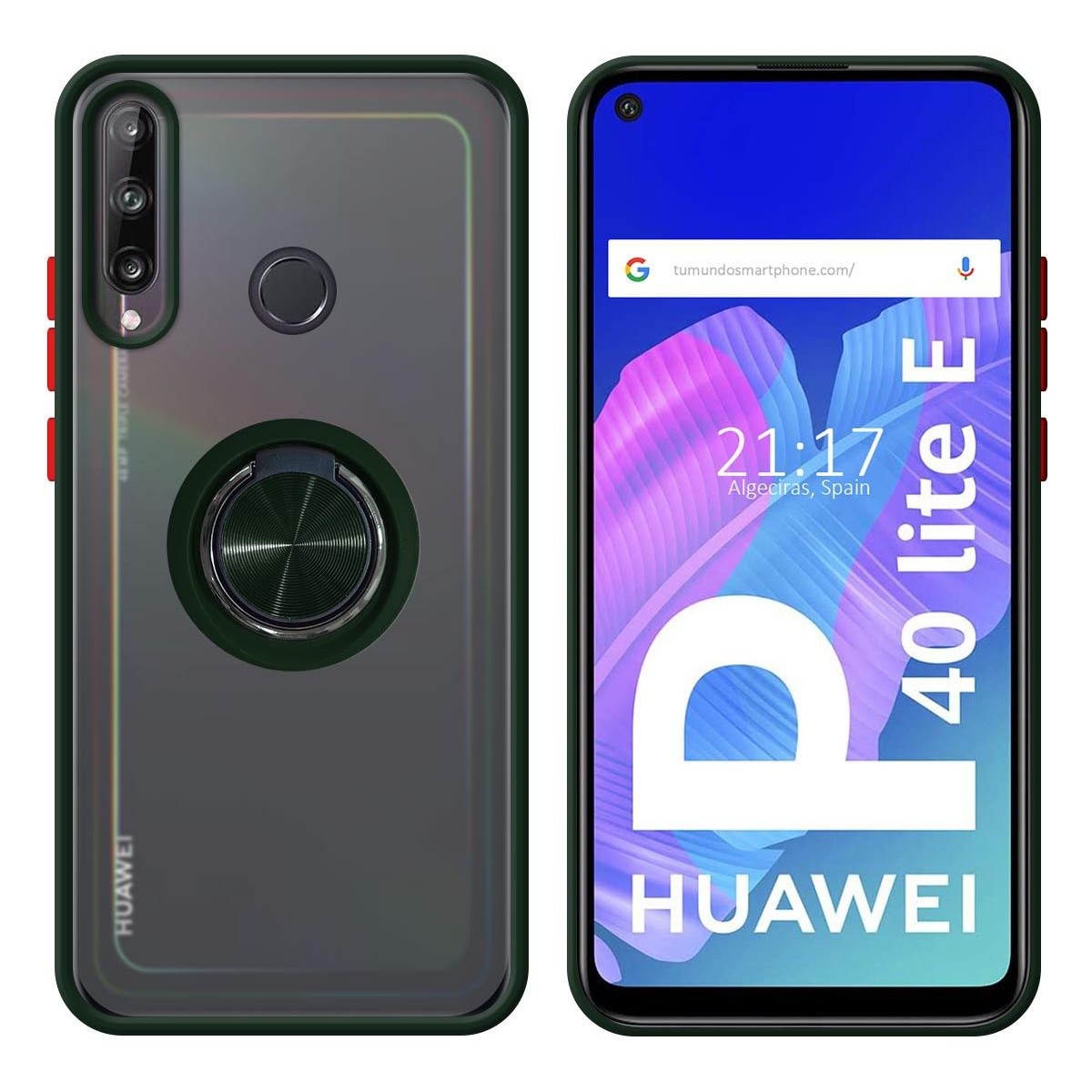 Funda Mate con Borde Verde y Anillo Giratorio 360 para Huawei P40 Lite E