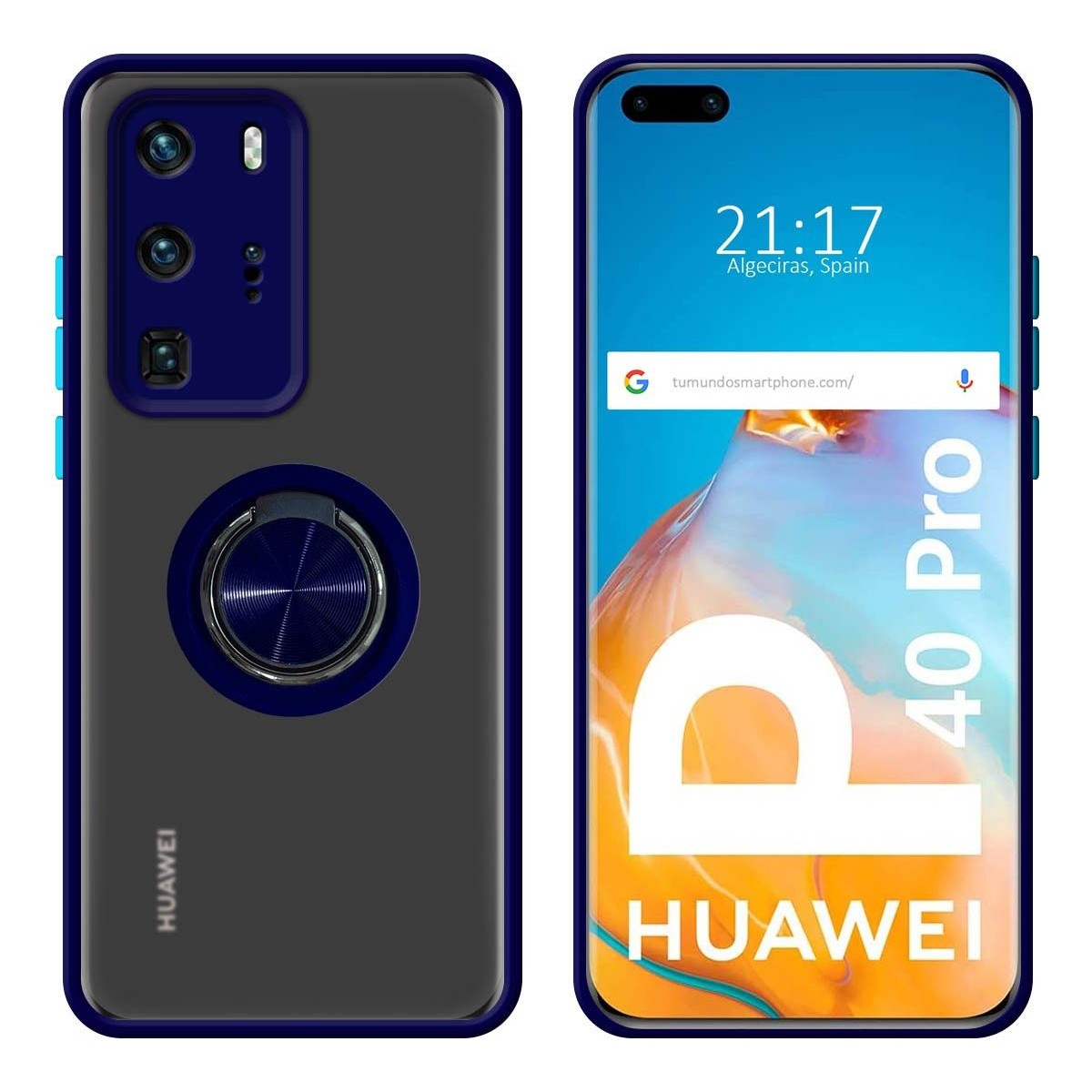 Funda Mate con Borde Azul y Anillo Giratorio 360 para Huawei P40 Pro