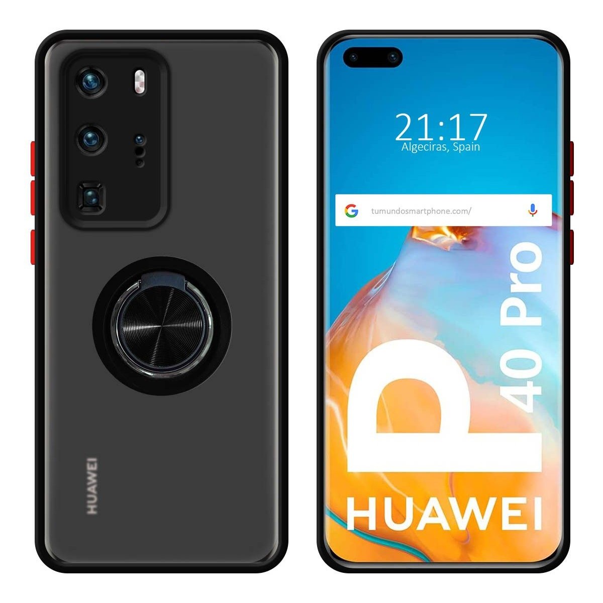 Funda Mate con Borde Negro y Anillo Giratorio 360 para Huawei P40 Pro