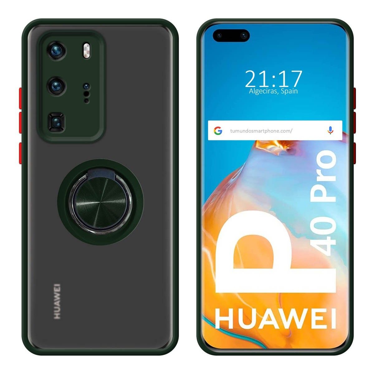 Funda Mate con Borde Verde y Anillo Giratorio 360 para Huawei P40 Pro