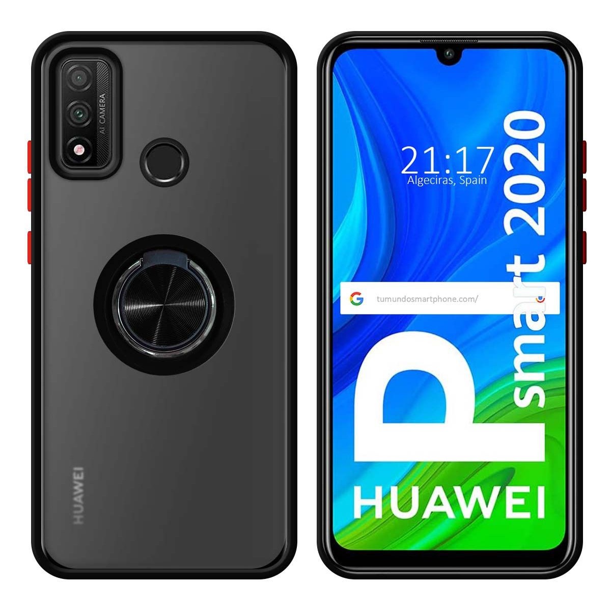 Funda Mate con Borde Negro y Anillo Giratorio 360 para Huawei P Smart 2020