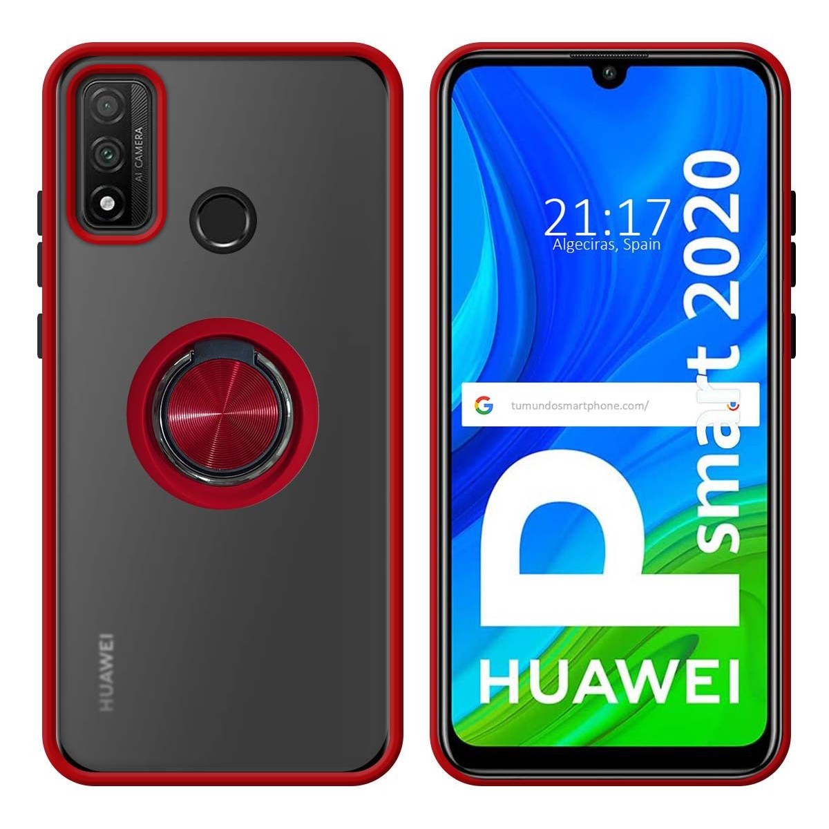 Funda Mate con Borde Rojo y Anillo Giratorio 360 para Huawei P Smart 2020