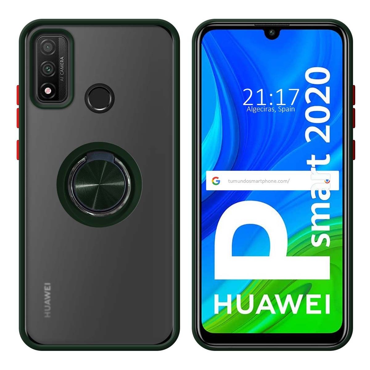 Funda Mate con Borde Verde y Anillo Giratorio 360 para Huawei P Smart 2020