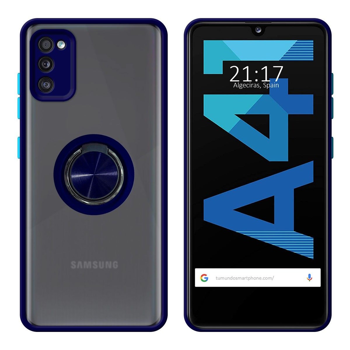 Funda Mate con Borde Azul y Anillo Giratorio 360 para Samsung Galaxy A41