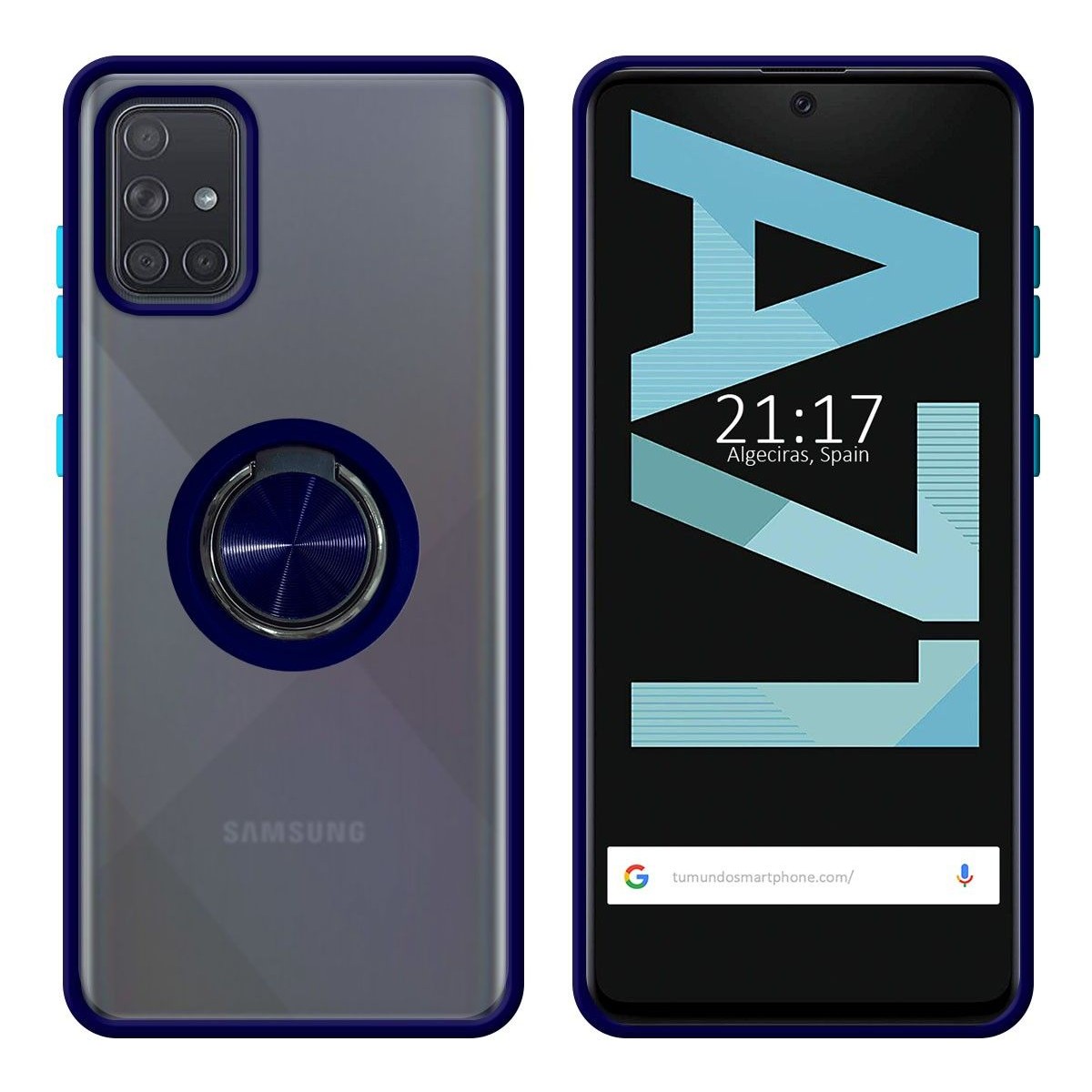 Funda Mate con Borde Azul y Anillo Giratorio 360 para Samsung Galaxy A71