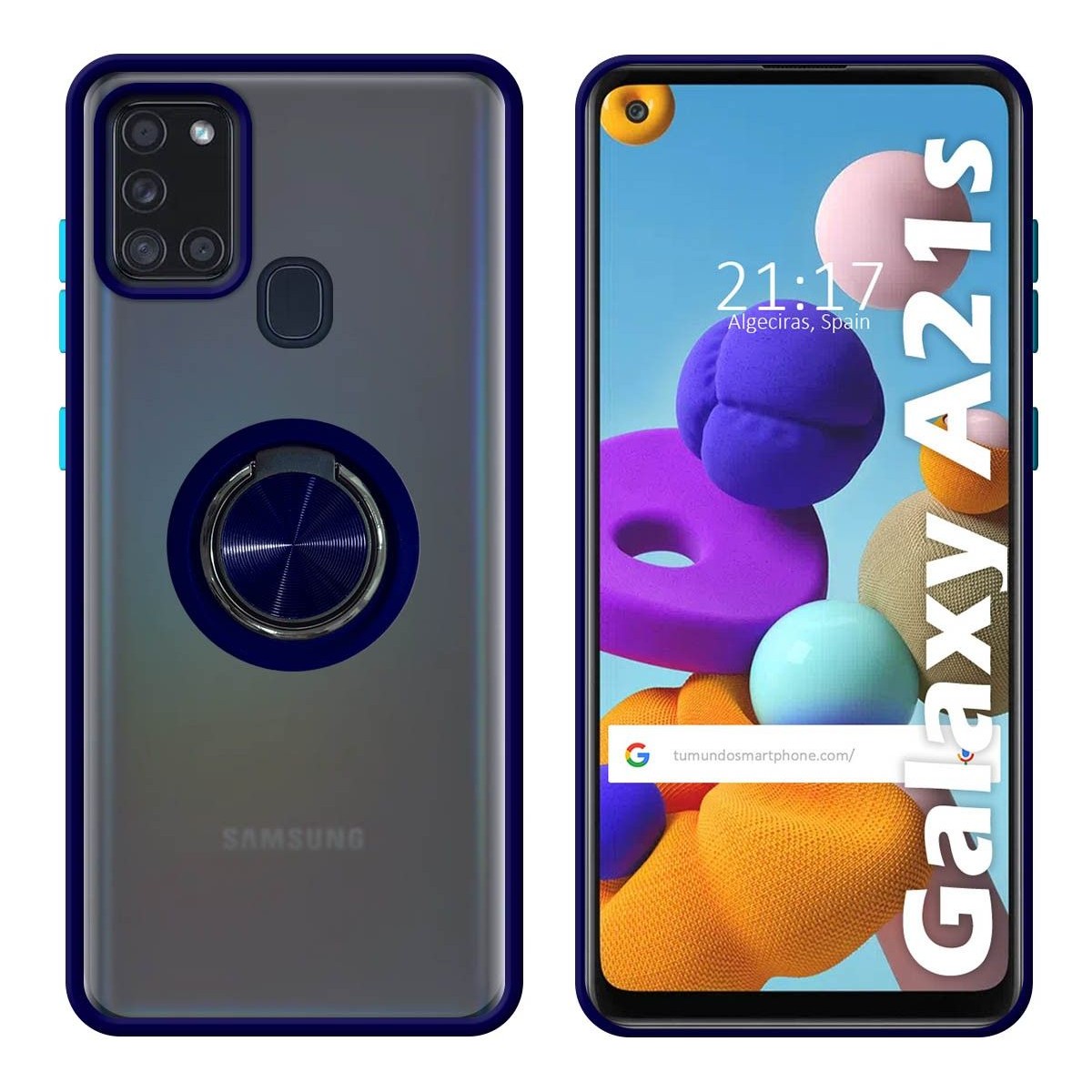 Funda Mate con Borde Azul y Anillo Giratorio 360 para Samsung Galaxy a21s
