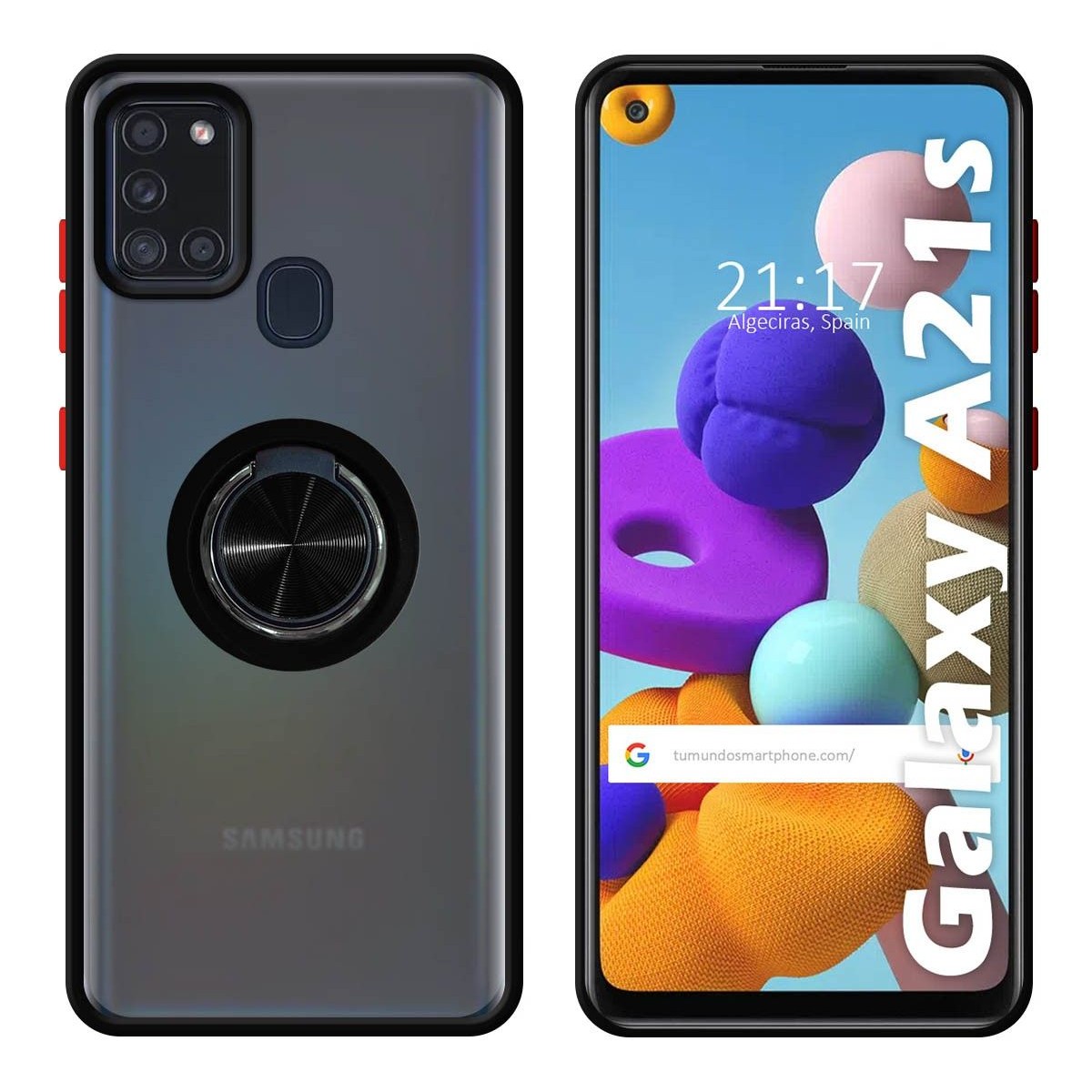 Funda Mate con Borde Negro y Anillo Giratorio 360 para Samsung Galaxy a21s