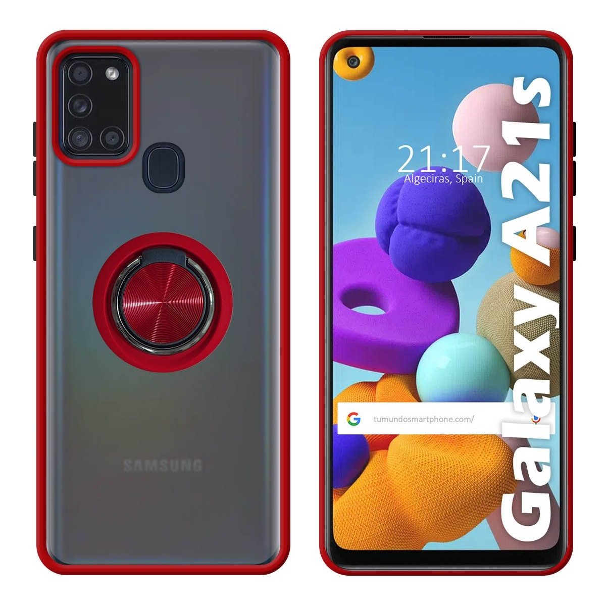 Funda Mate con Borde Rojo y Anillo Giratorio 360 para Samsung Galaxy a21s