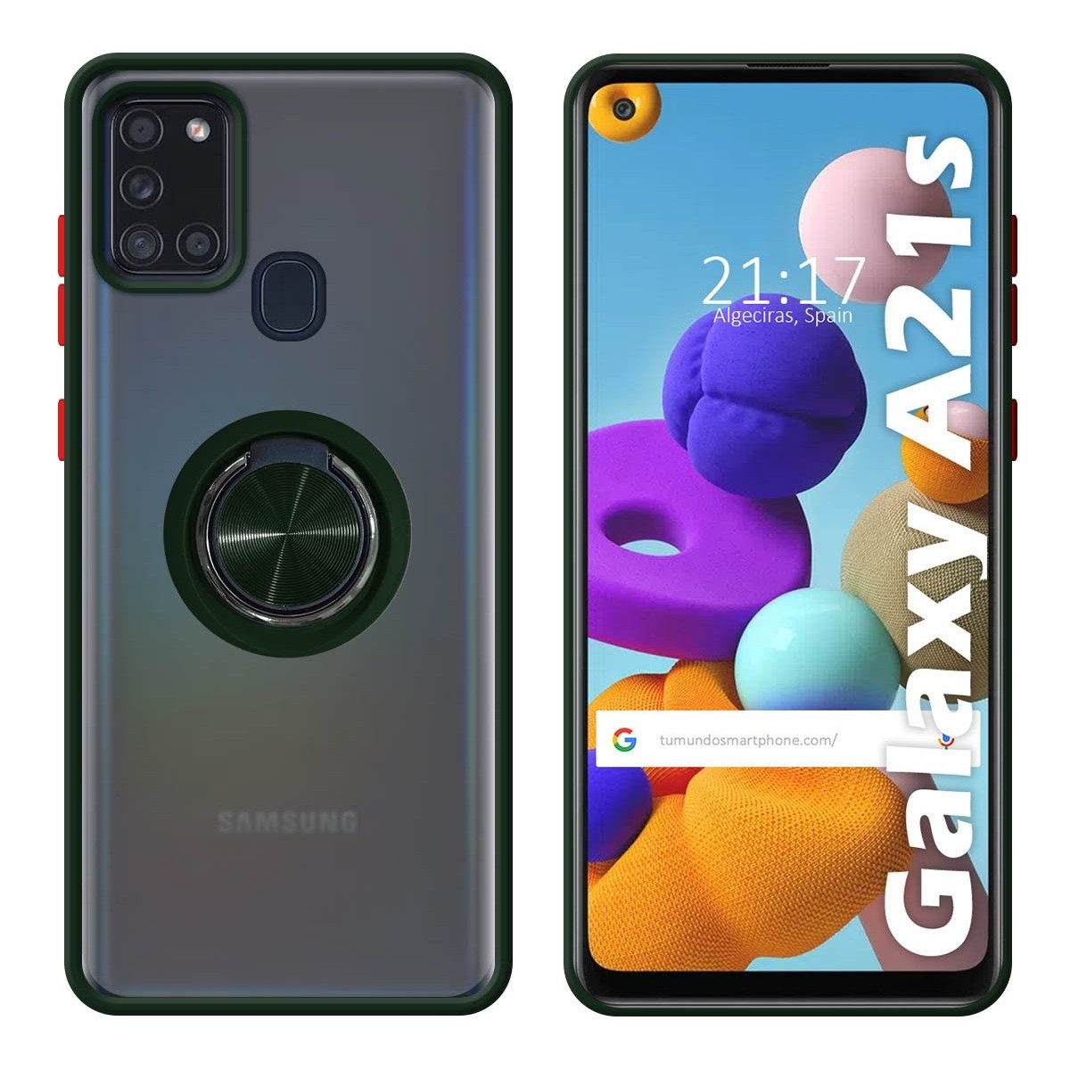 Funda Mate con Borde Verde y Anillo Giratorio 360 para Samsung Galaxy a21s